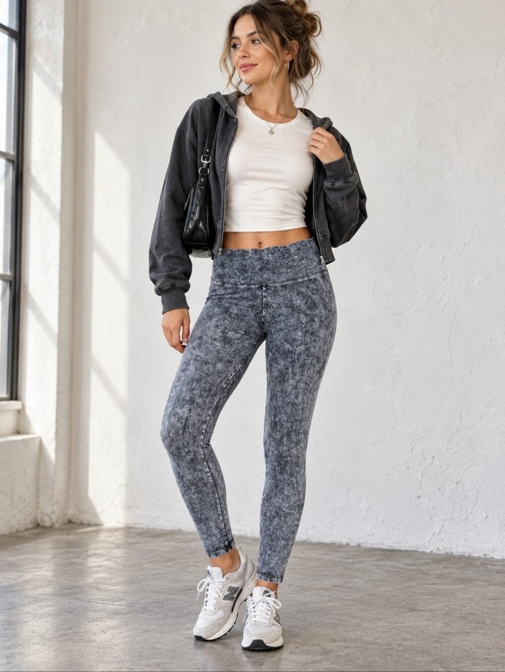 T-Party CJ72219 XL Grey Mineral Wash Foldover Y2K Yoga Leggings